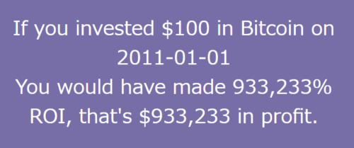 ちなみに、2011年1月1日にビットコインを100ドル買っていたら、今、933,233ドルの利益になっているそうです。