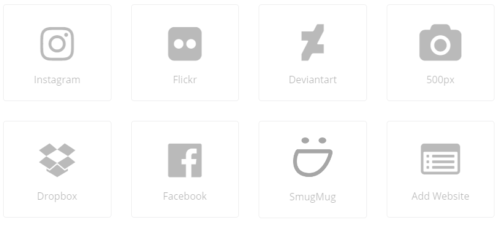 連携できるのはInstagram、Flickr、Deviantart、500px、Dropbox、Facebook、SmugMug、Add Websiteです。
