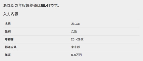 女性で東京都、25〜29歳、年収800万円の場合、年収偏差値は86.41になります。