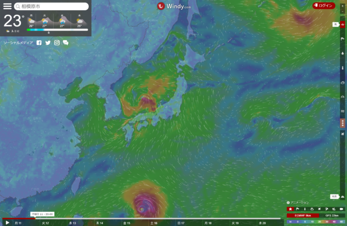 世界地図上でダイナミックに視覚化された天気に関する様々なデータを見ることができる『Windy』
