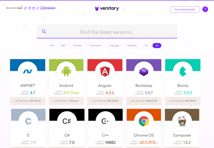 システム言語やソフトウェアの最新バージョンがいくつだったかを一覧で見ることができる『Verstory』