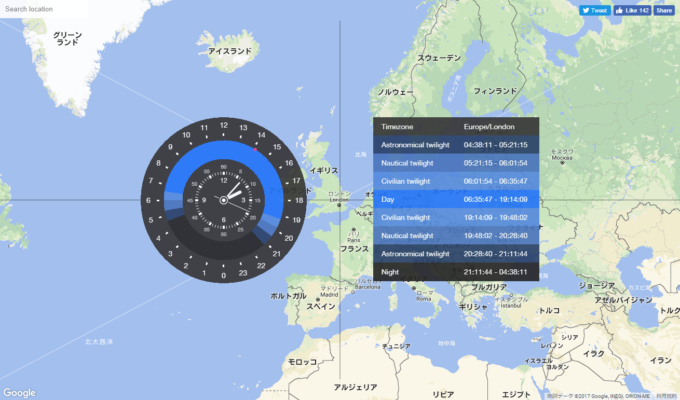 世界地図で各国の現在時刻と日没、夜明けの時刻が分かる『Chronozone』